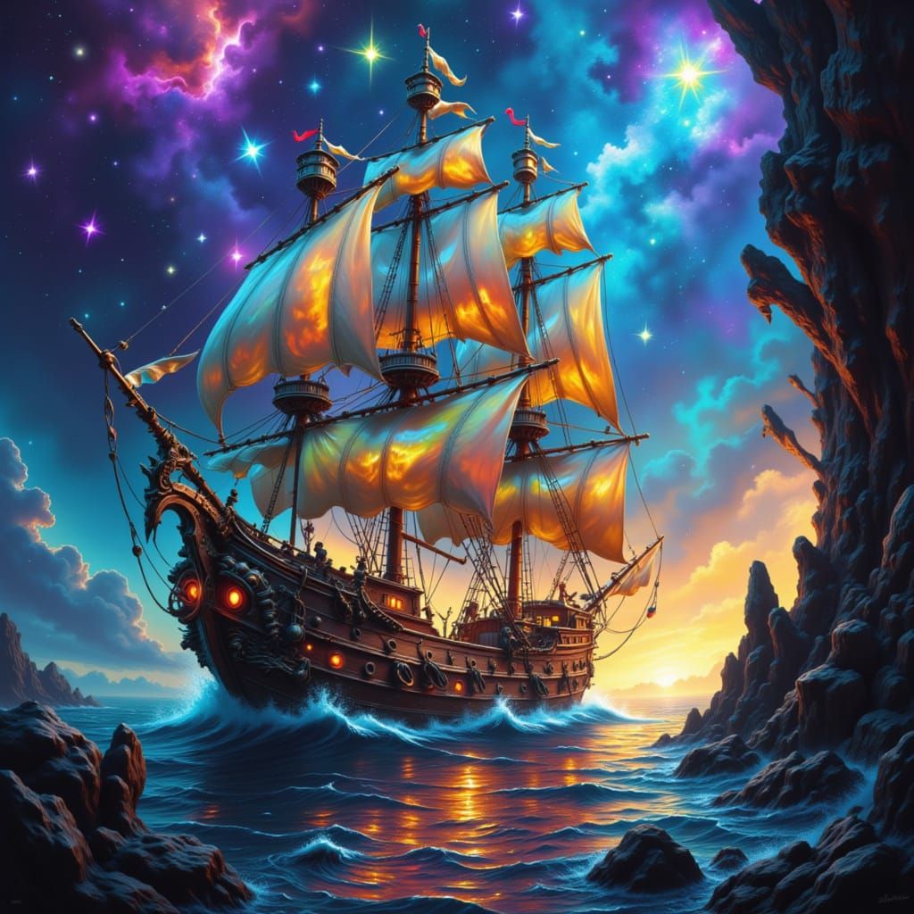Pirate Ship in Starry Nebula Fantasy Art