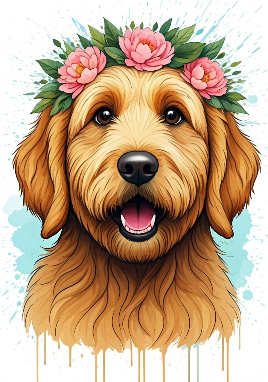 Golden Doodle Portrait with Floral Wreath