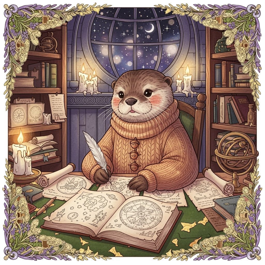 Otter Archivist in Candlelit Observatory, Watercolor Illustr...