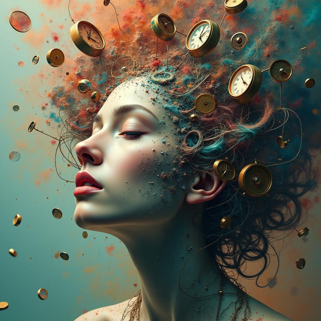 Surreal Dreamscape: Distorted Face in Clockwork Mirror