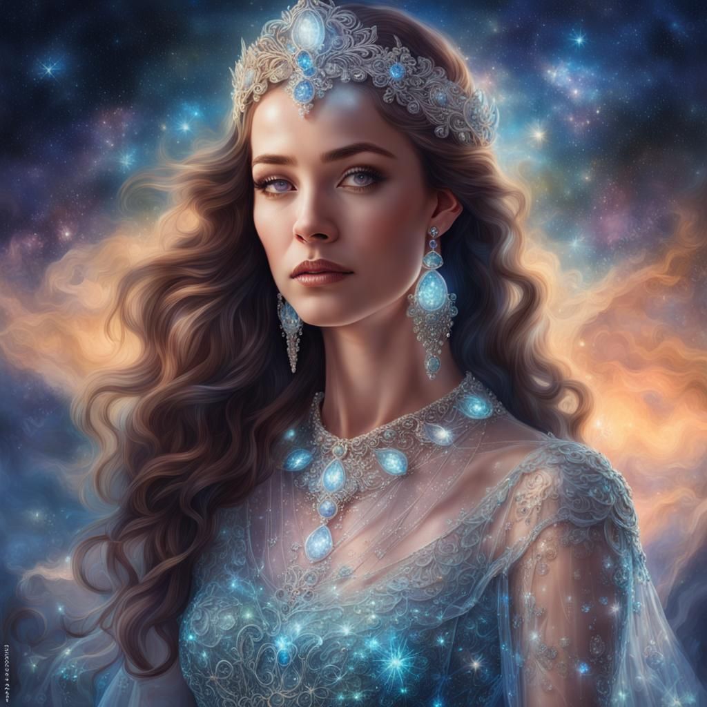 Woman in Glass Dress Under Night Sky