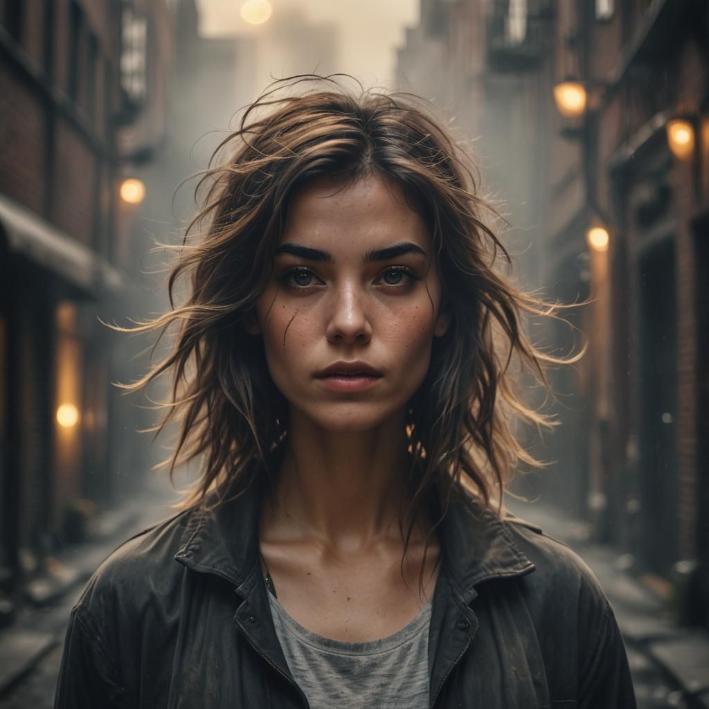 Ethereal Girl in Foggy Alleyway: Cinematic Portrait