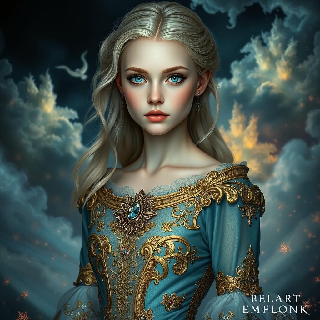Elegant Blond Woman in Mystical Dark Fantasy Scene