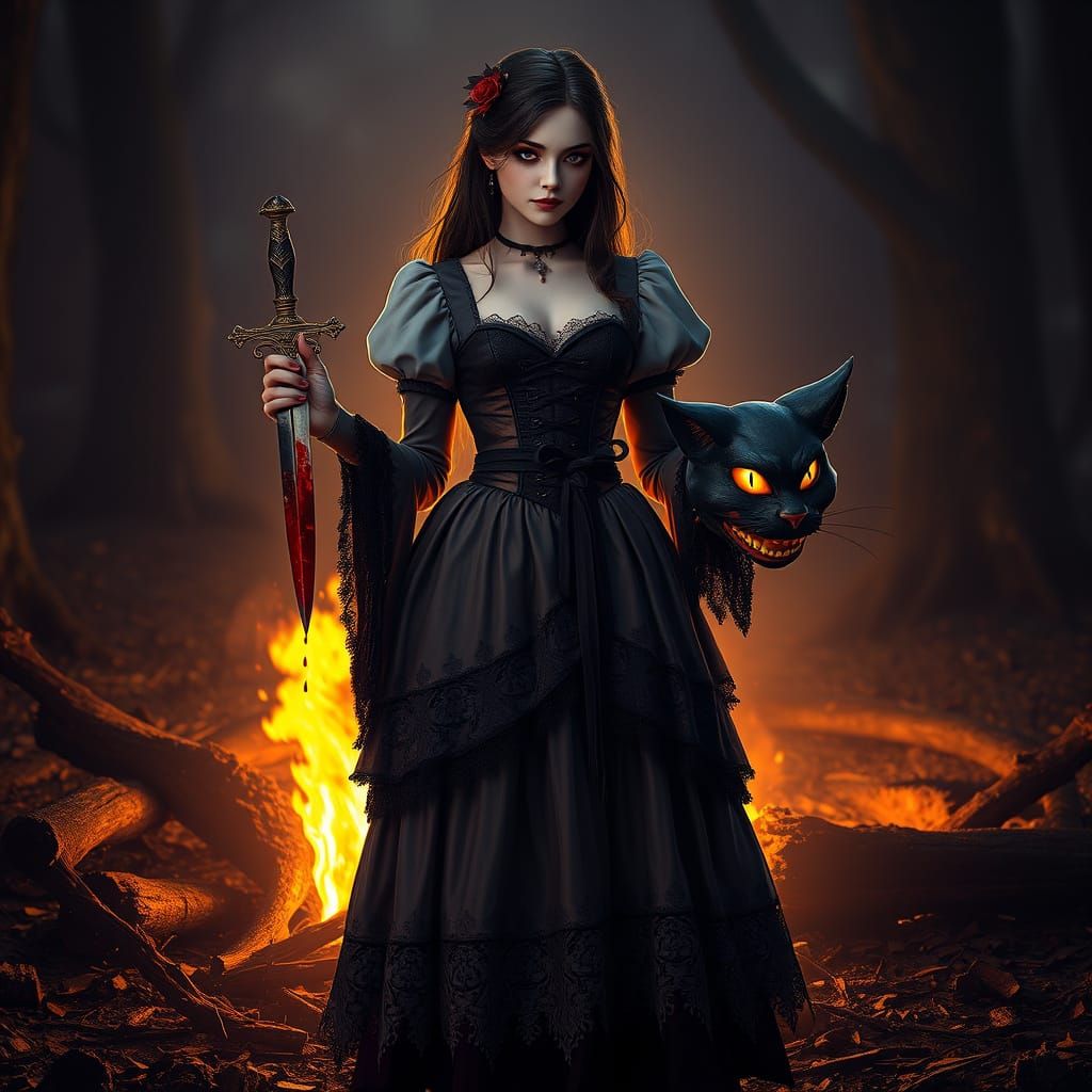 Victorian-Era Dark Fantasy Heroine with Bloody Dagger and Ch...