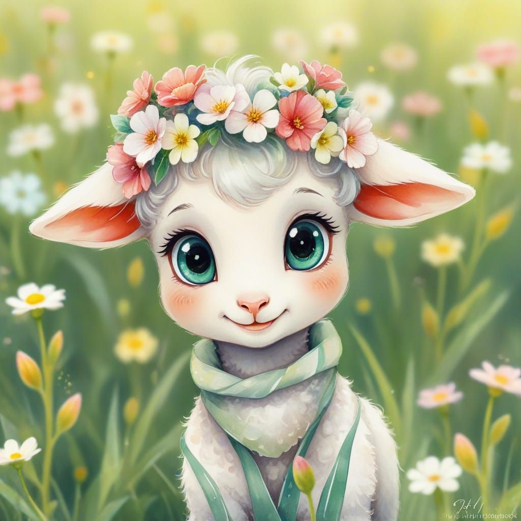 Anime Lamb with Flowers in Watercolor Style