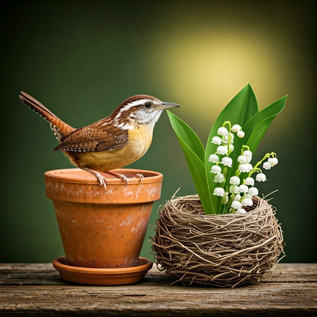 Whimsical Forest Scene with Carolina Wren and Flower Pot Nes...