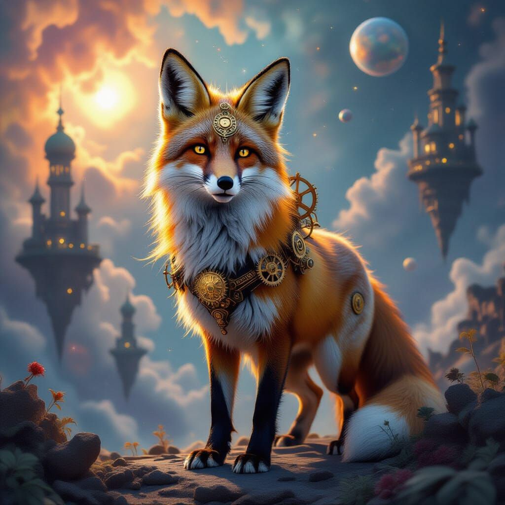 Steampunk Fox in Cosmic Nebula