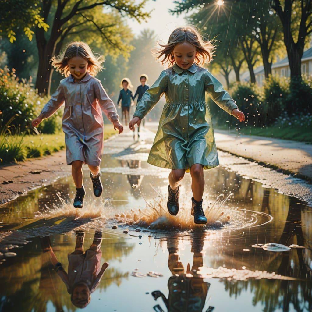 Children's Ethereal Puddle Jump in Impressionistic Style