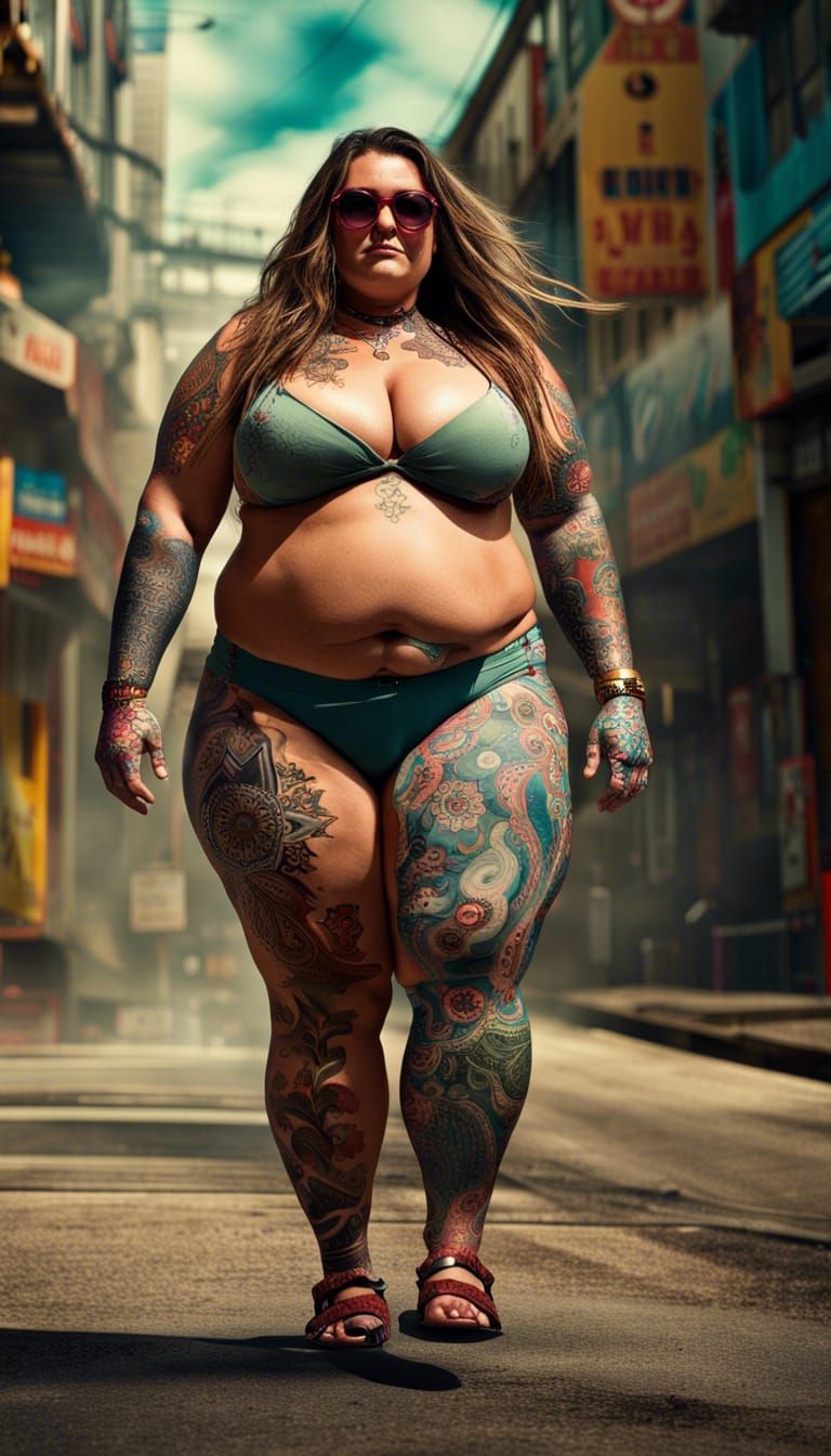 Tattooed Plus-Size Woman in Detailed Fantasy Art