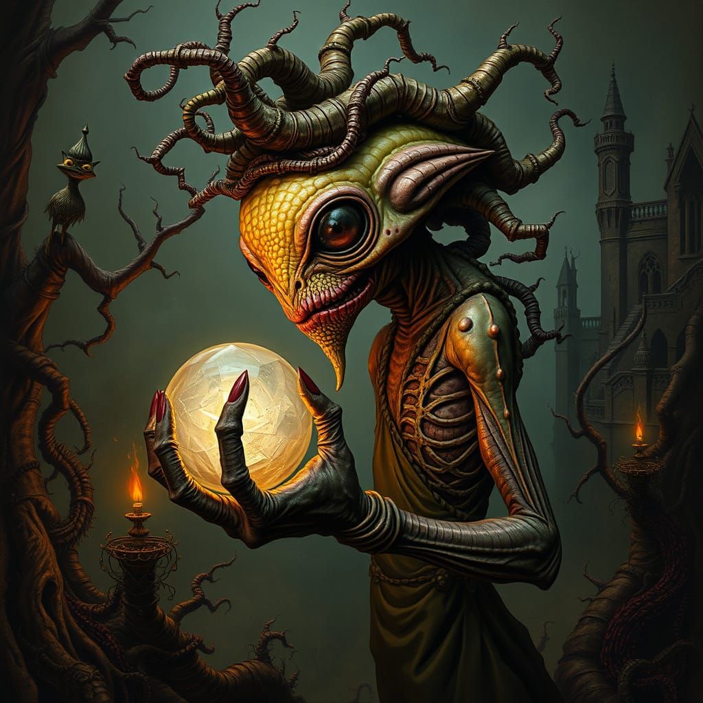 Grotesque Alien Seer in Twisted, Gothic Landscape