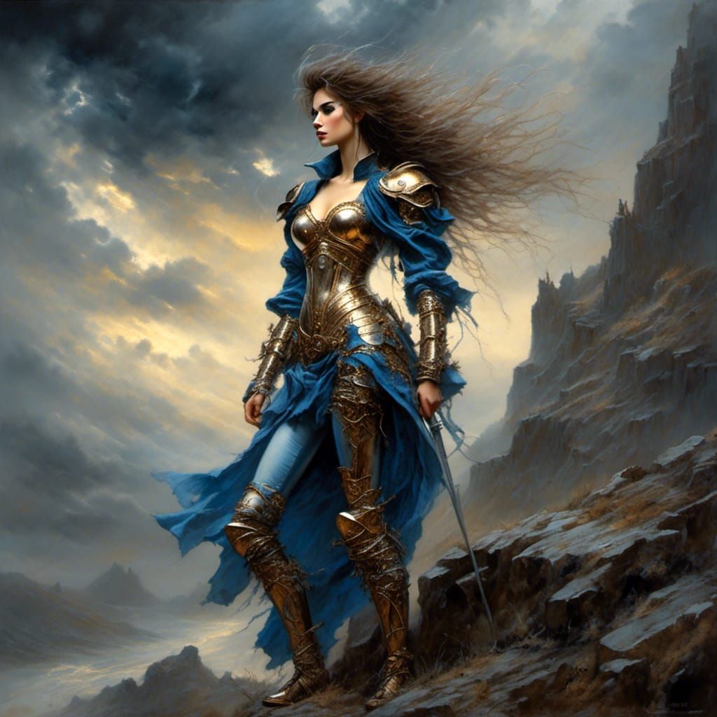 Brunette Warrior Stares into Storm, Fantasy Illustration