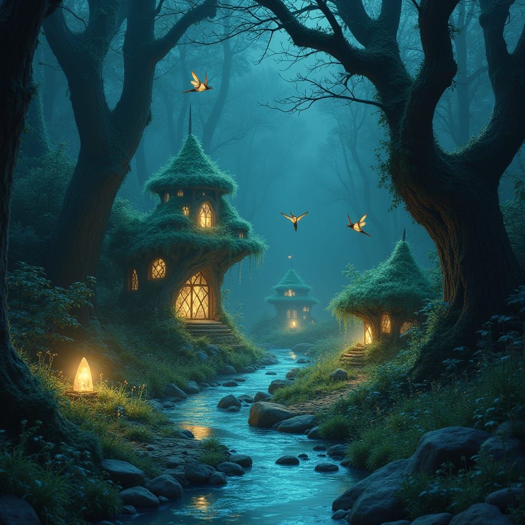 Bioluminescent Crystal City in Ancient Forest