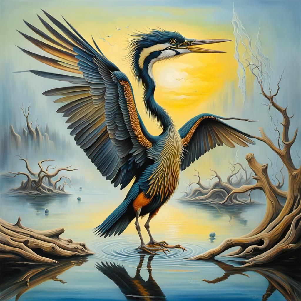 Surreal Australasian Darter Waterbird in Dreamlike Scene