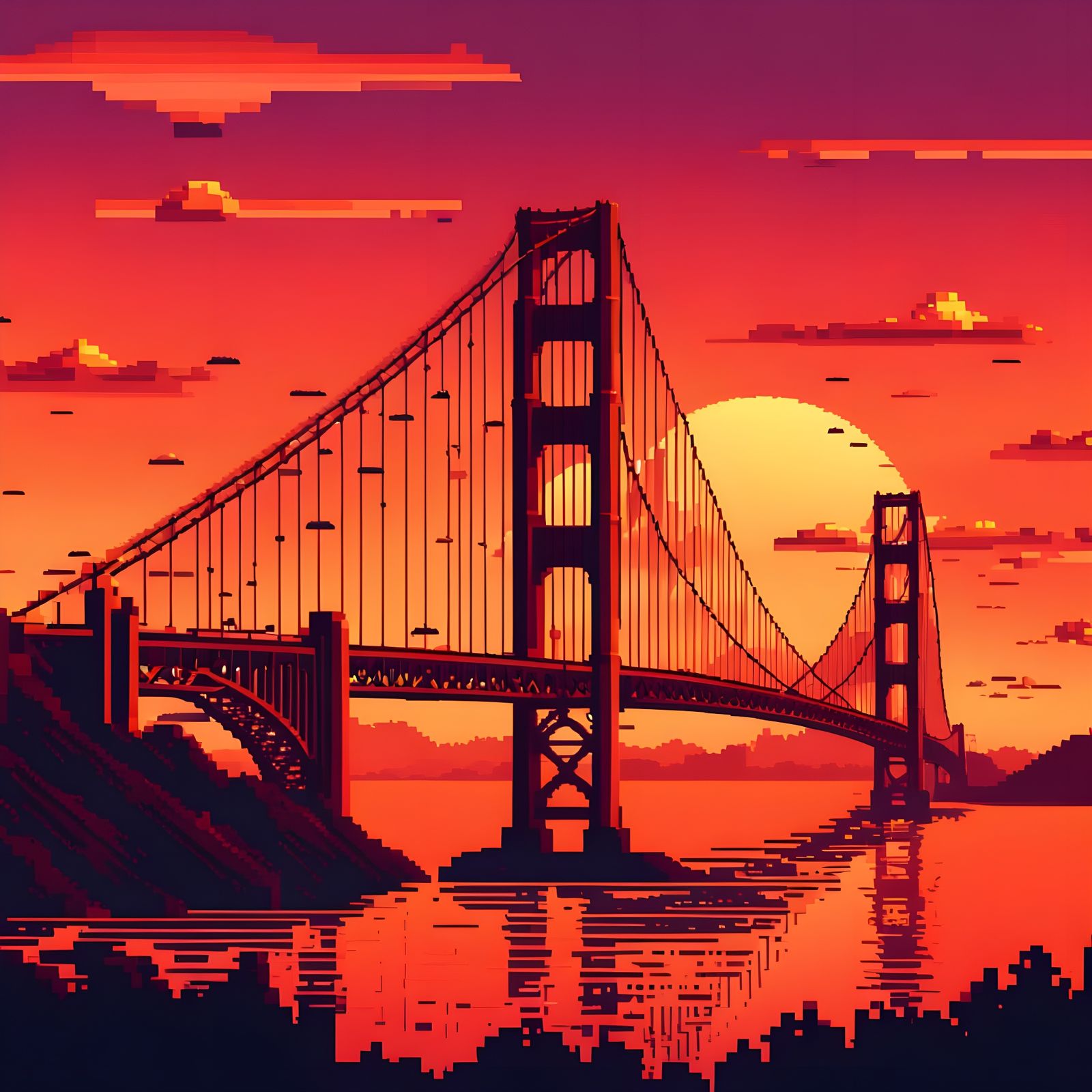 Pixel Art Golden Gate Bridge in Vibrant Sunset