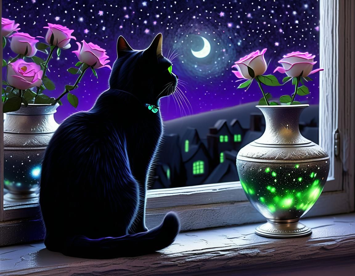 Whimsical Black Cat Under Starry Night Sky in Ethereal Art