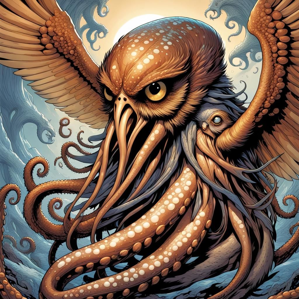 Feathered Cephalopod Creature in Comic Art Style