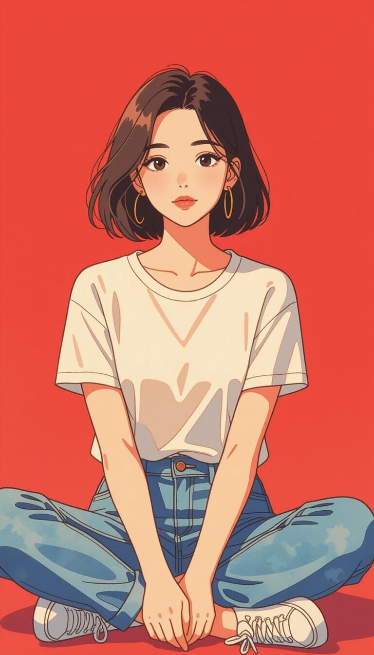 Watercolor Painting of Woman in Casual Fashion on Red Backgr...