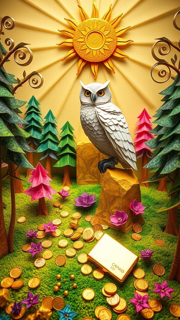 Origami landscape made from dollar bills, gold bars, gold & ...