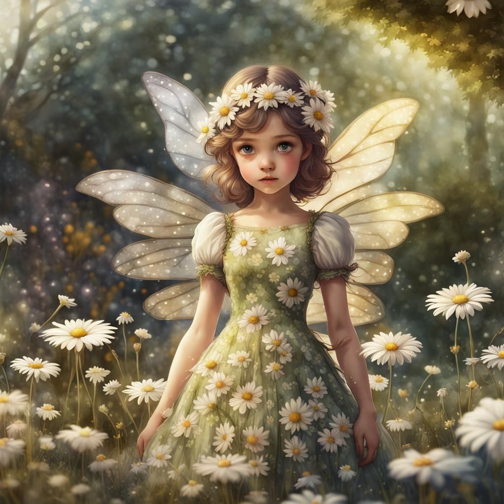 Watercolor Fairy in Daisy Dress, Vintage Style