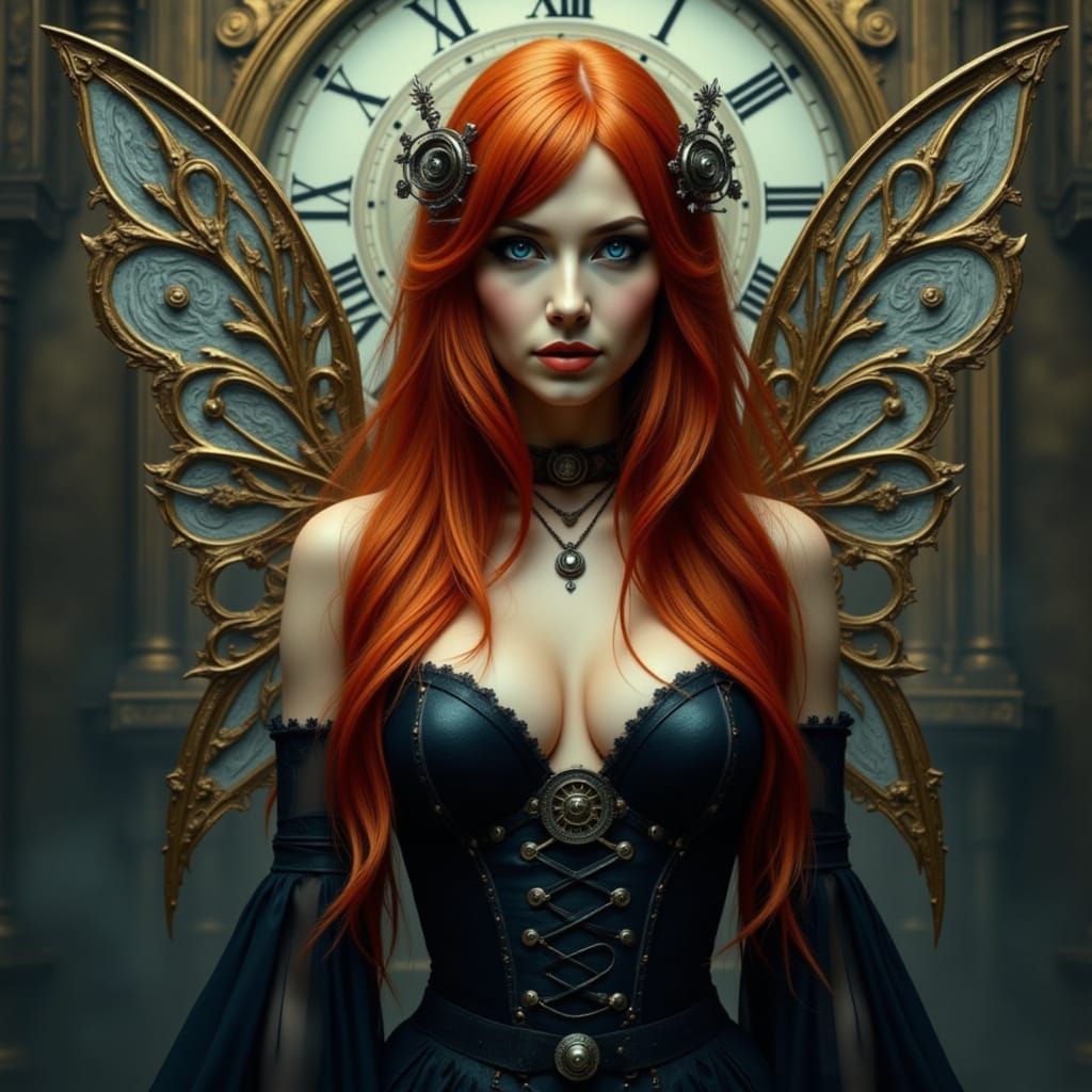 Clockwork Fairy with Golden Wings in Clockpunk City