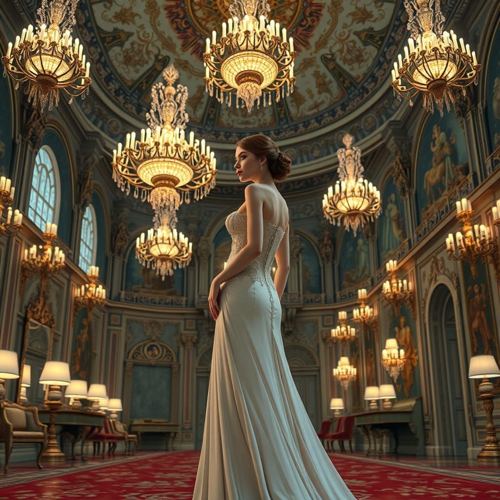 Elegant Woman in a Whimsical Ballroom