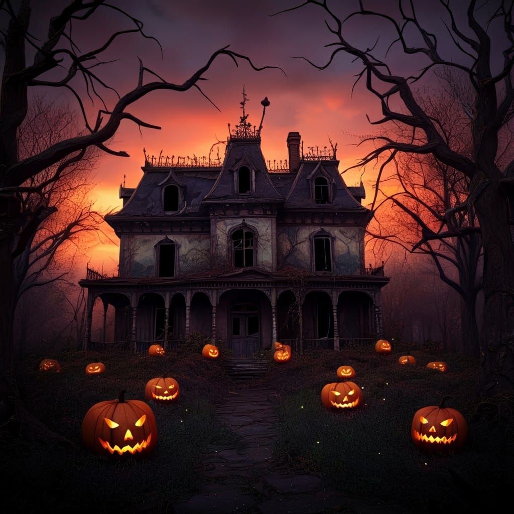 Eerie Sunset Behind Haunted House with Pumpkins
