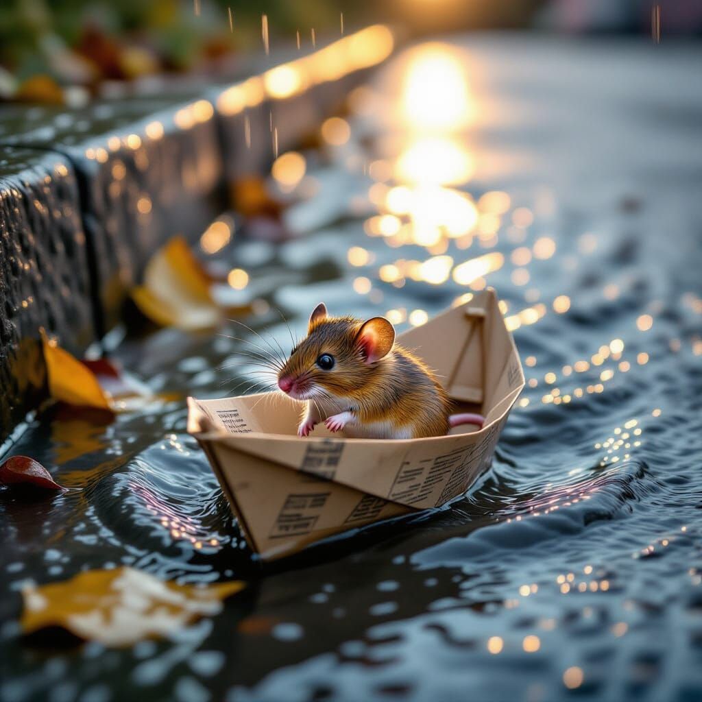 Mouse Navigates Rainstorm in Paper Boat
