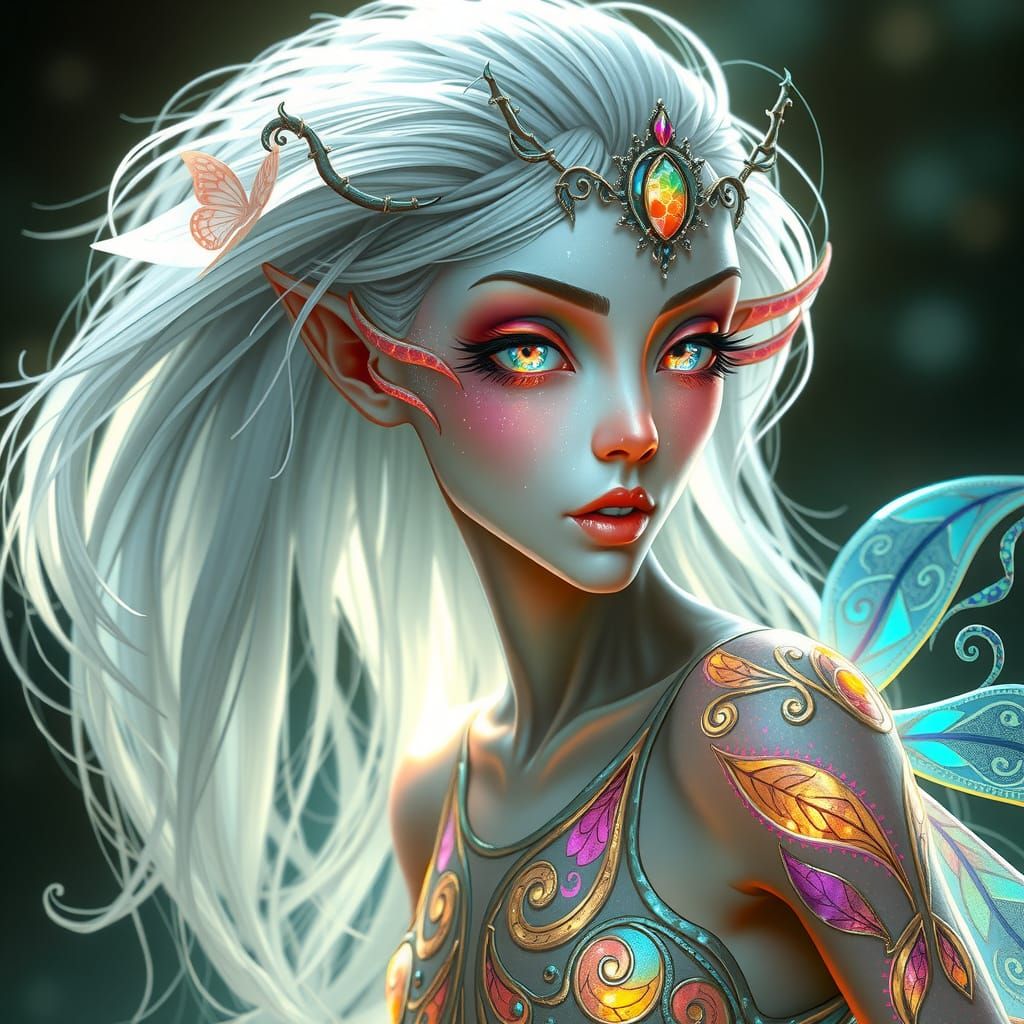 Ethereal Fae Goddess in Shimmering Art Nouveau Attire