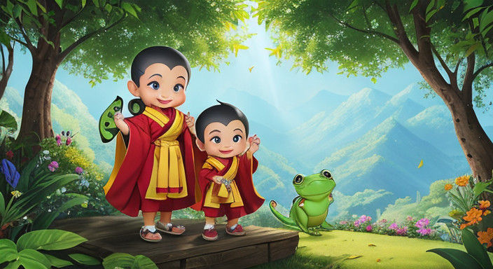 Joyful Monk Celebrates Nature's Harmony in Whimsical Cartoon