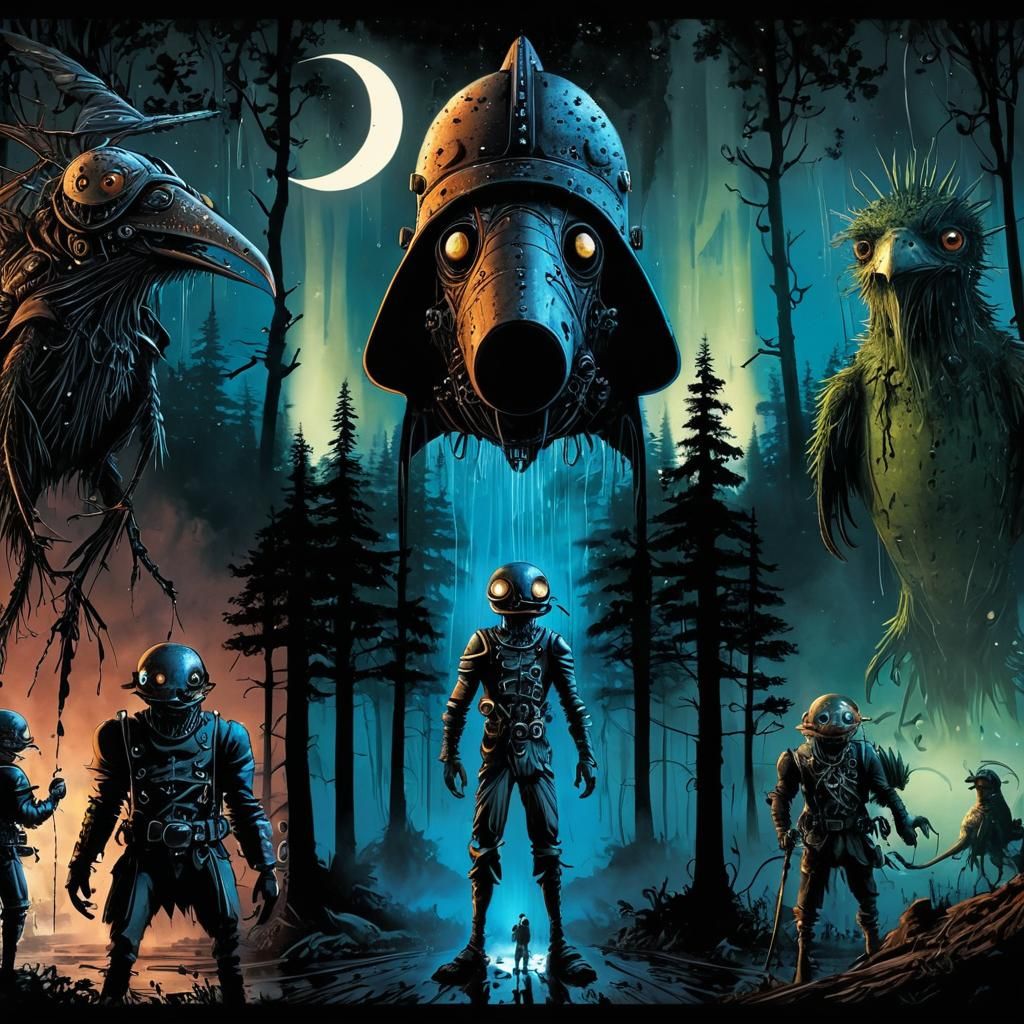 Steampunk Zeppelin and Cryptid Battle, Tim Burton Style