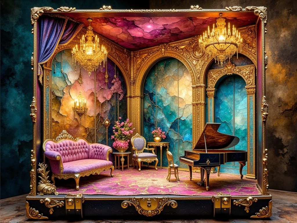 Luxurious Parlor Diorama Inside Open Suitcase