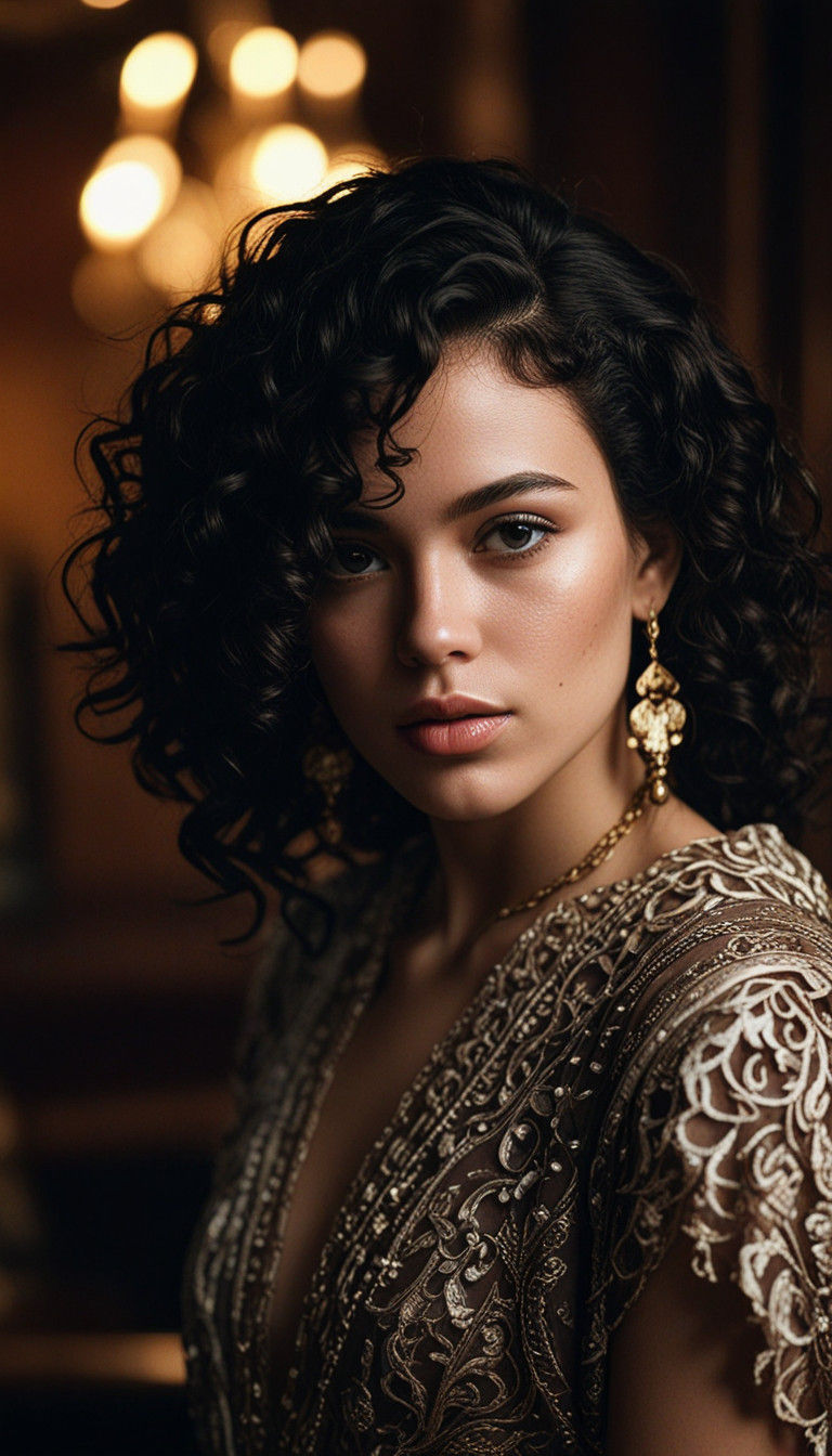 Confident Woman in Luxurious Setting, Moody Film Grain Photo...