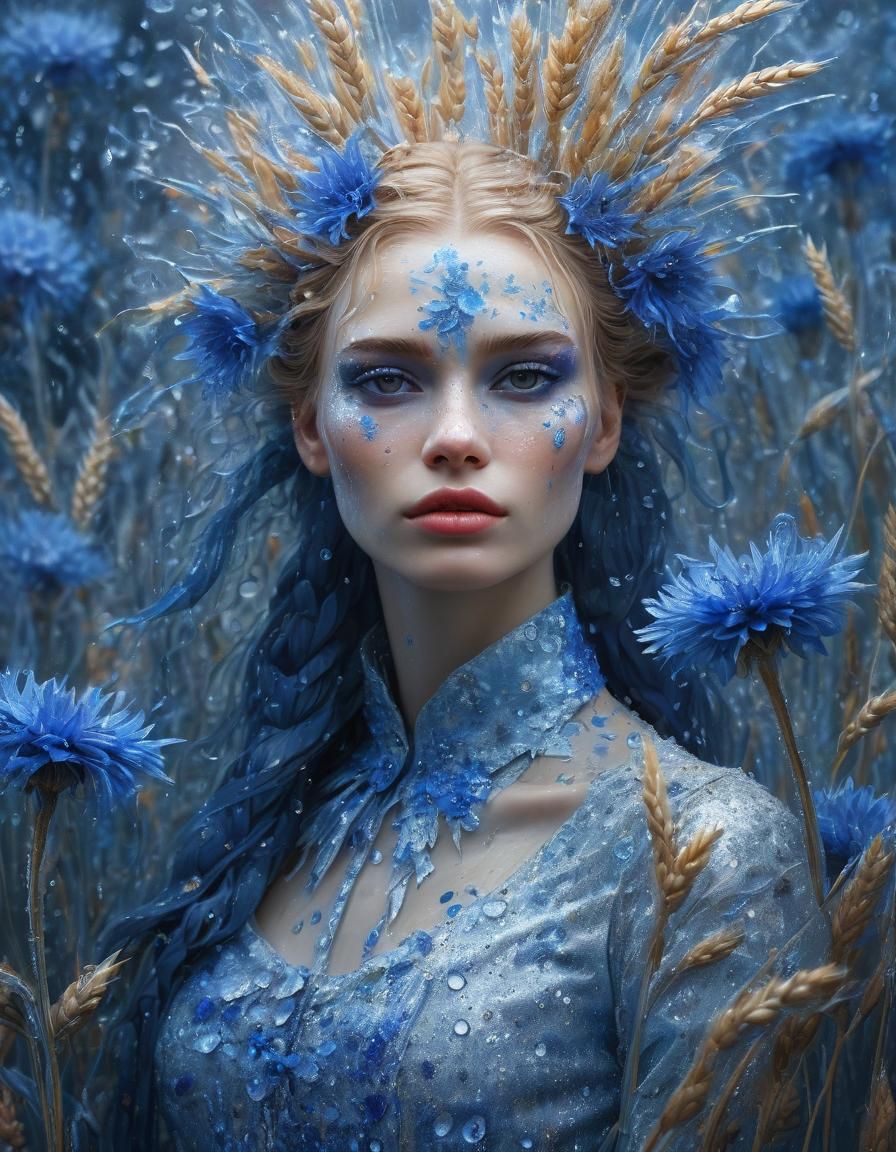 Girl in Impasto Neon Floral Scene after Rain