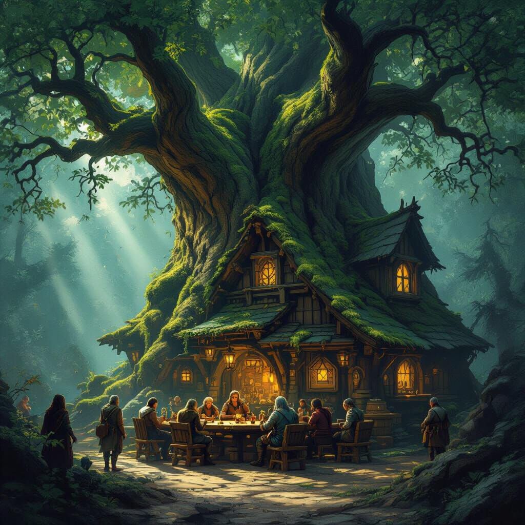 Mystical Forest Tavern in Petrified Tree, Dark Fantasy Art