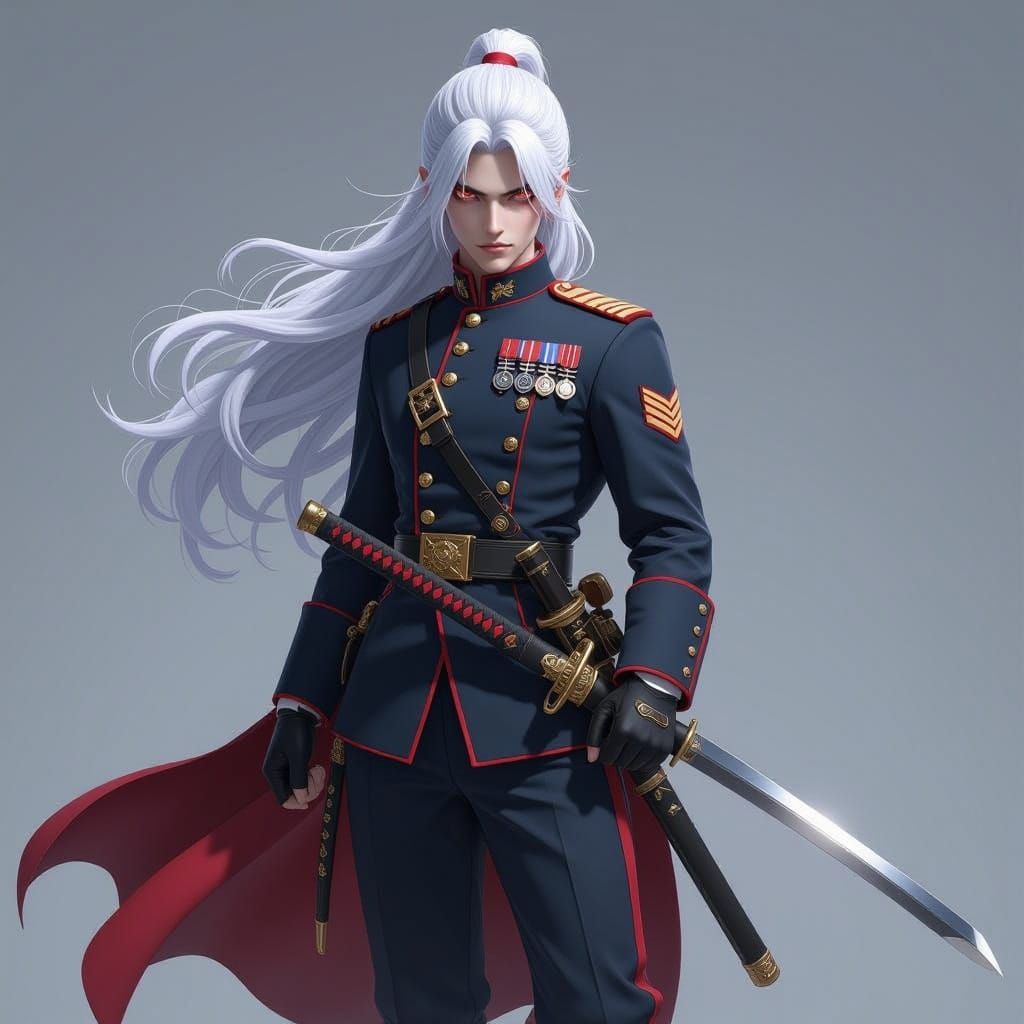 White Haired Soldier with Katana in Army Uniform