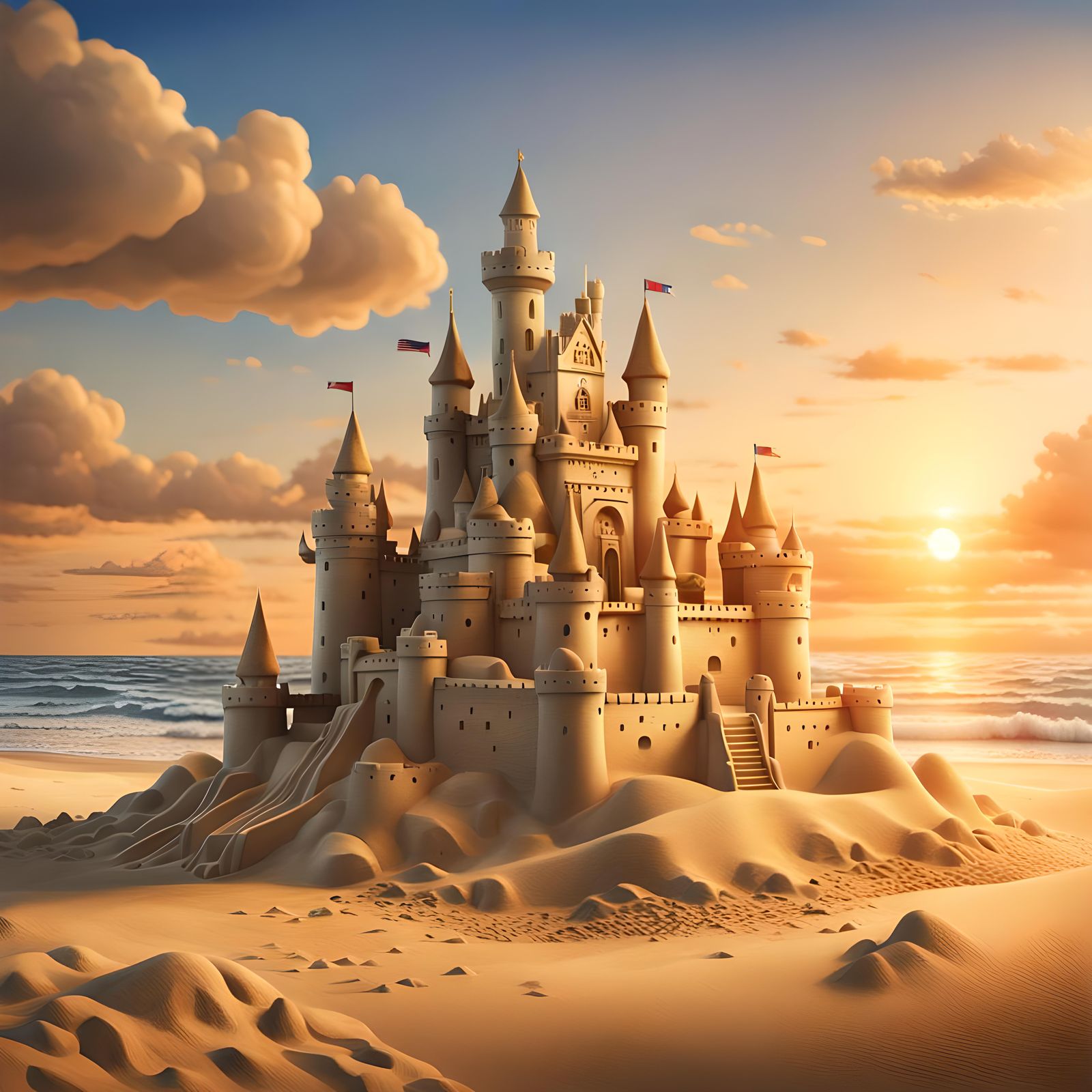 Intricate Sandcastle at Sunset: Hyperrealistic Image