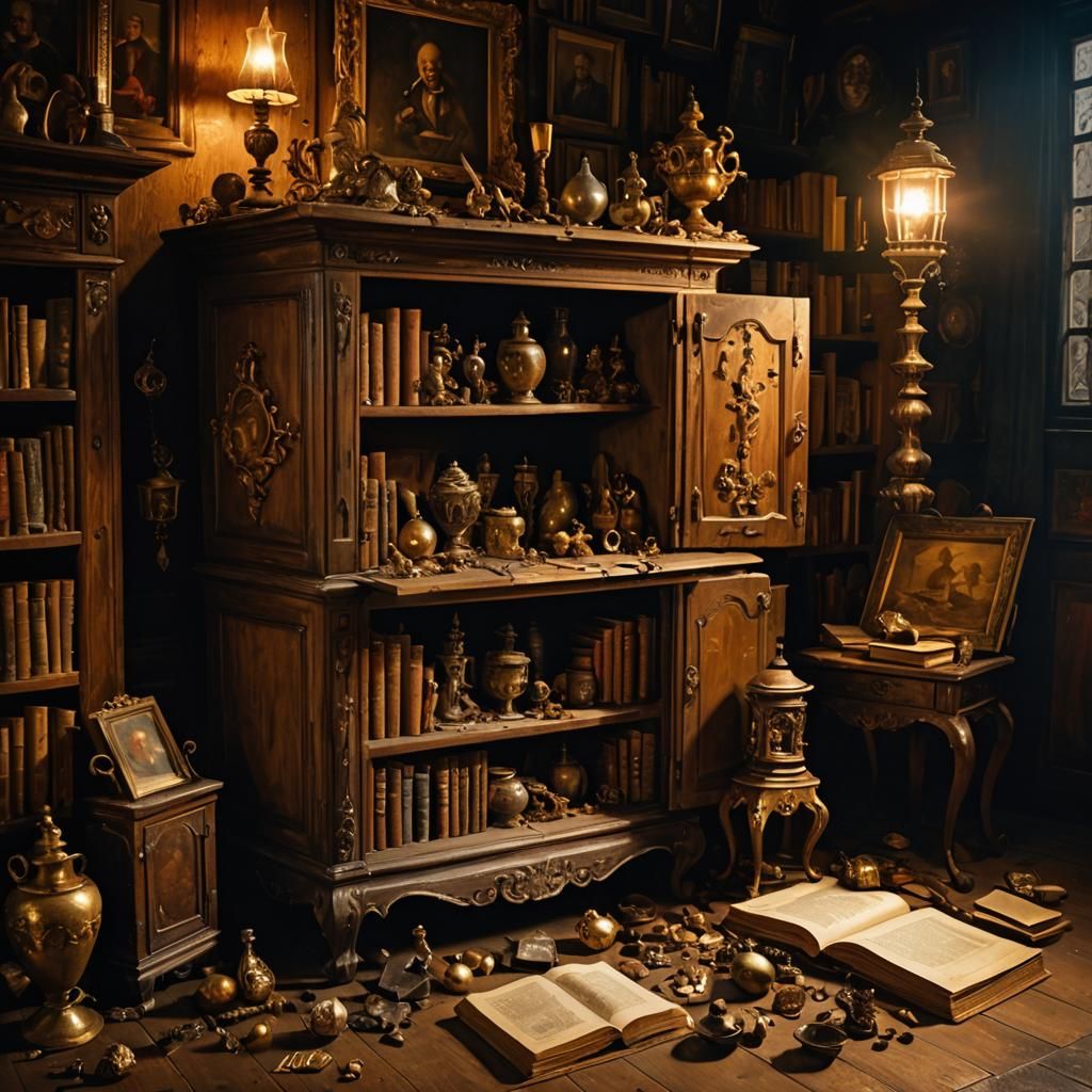 Baroque Cabinet of Curiosities in Dutch Masters Style