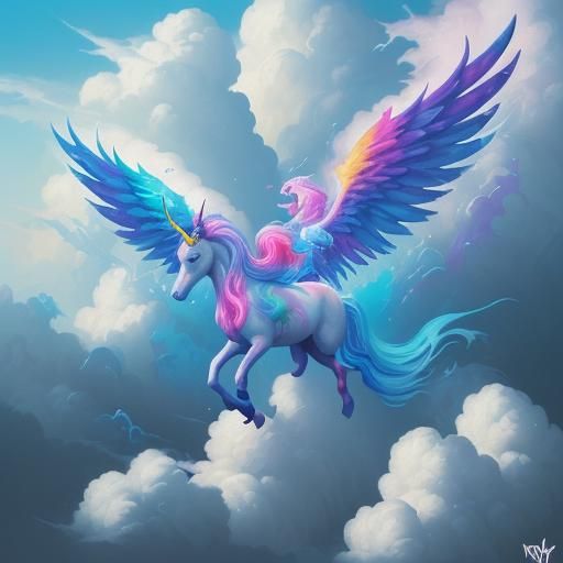 Winged Unicorns in Sunlit Clouds: Graffiti Art Style