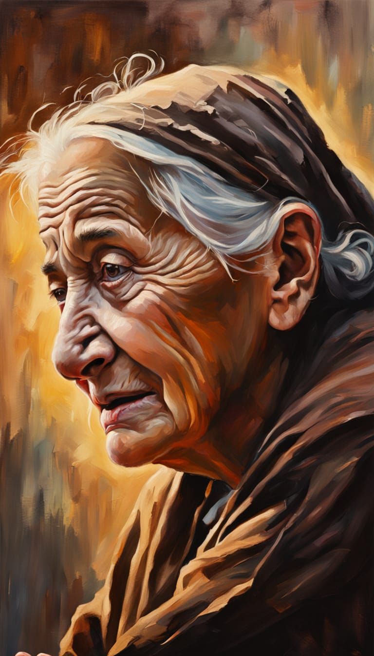 Expressive Oil Painting of Old Woman Seeking Help