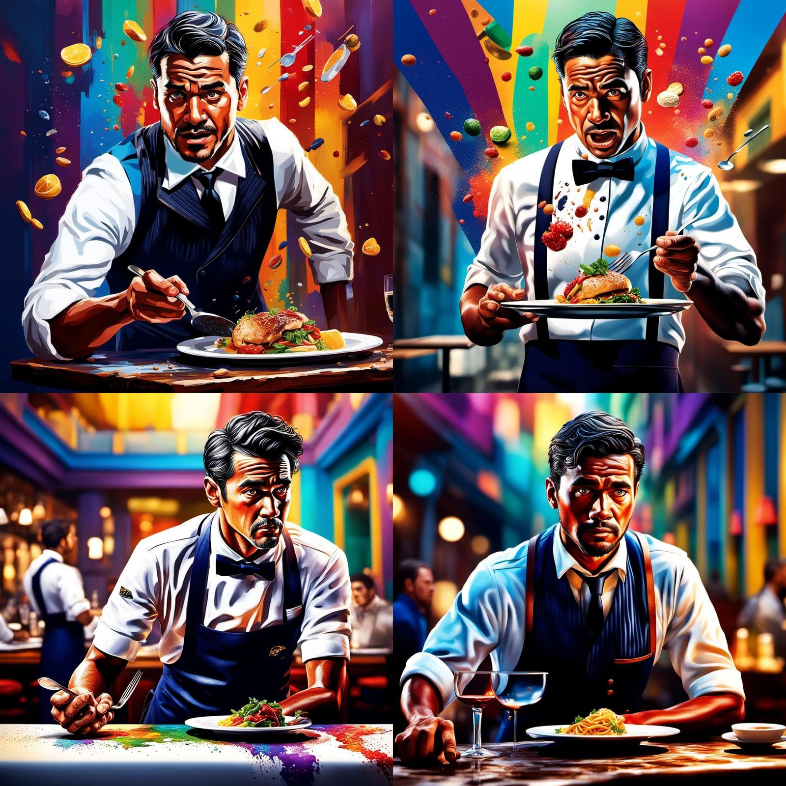 Hyperrealistic Waiter's Struggle: Splash Art Concept