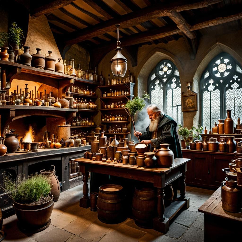 Medieval Alchemist Busy at Work in his Lair