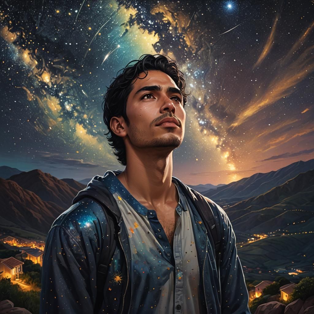 Handsome Man Gazing at Starry Night Sky