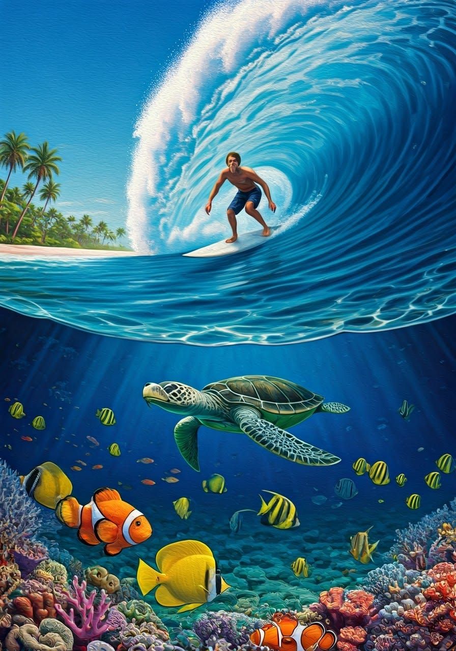 Surfer Plunges into Vibrant Tropical Waters