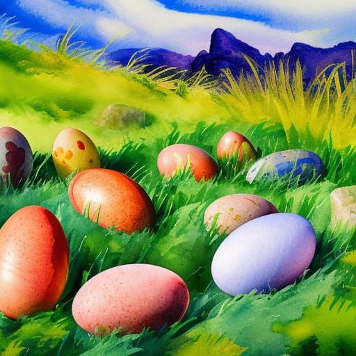 Easter Eggs in Spring Grass: Gouache Impressionist Painting