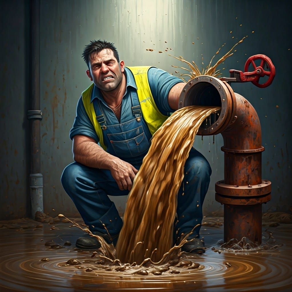 Frustrated Plumber Covered in Sewage Water