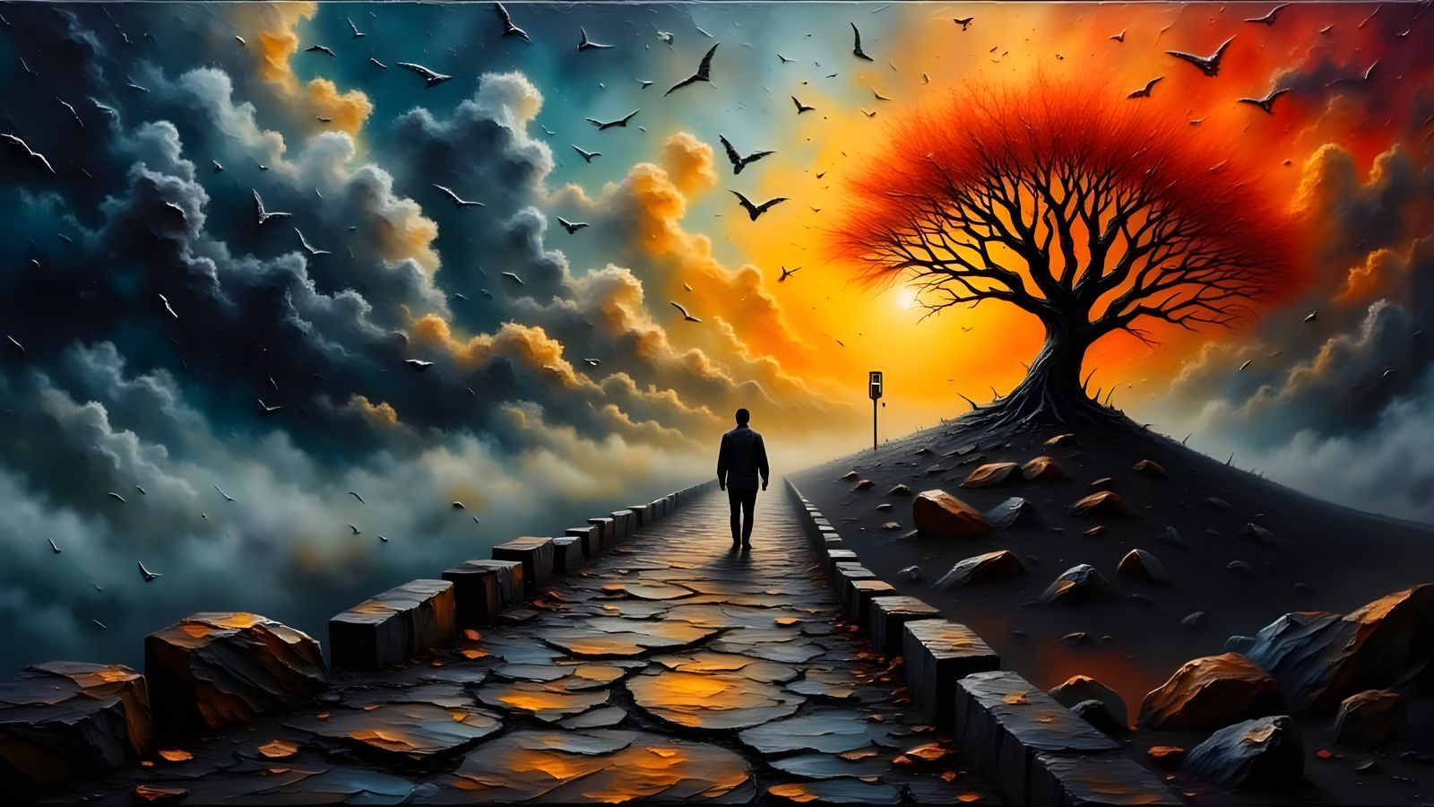 Melancholic Traveler in War-Torn Landscape