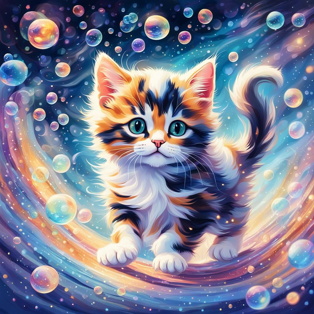 Calico Kitten in Astral Dreamscape, Iridescent Illustration