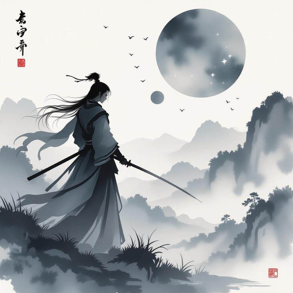 Samurai Silhouette in Celestial Ink Wash Painting Style