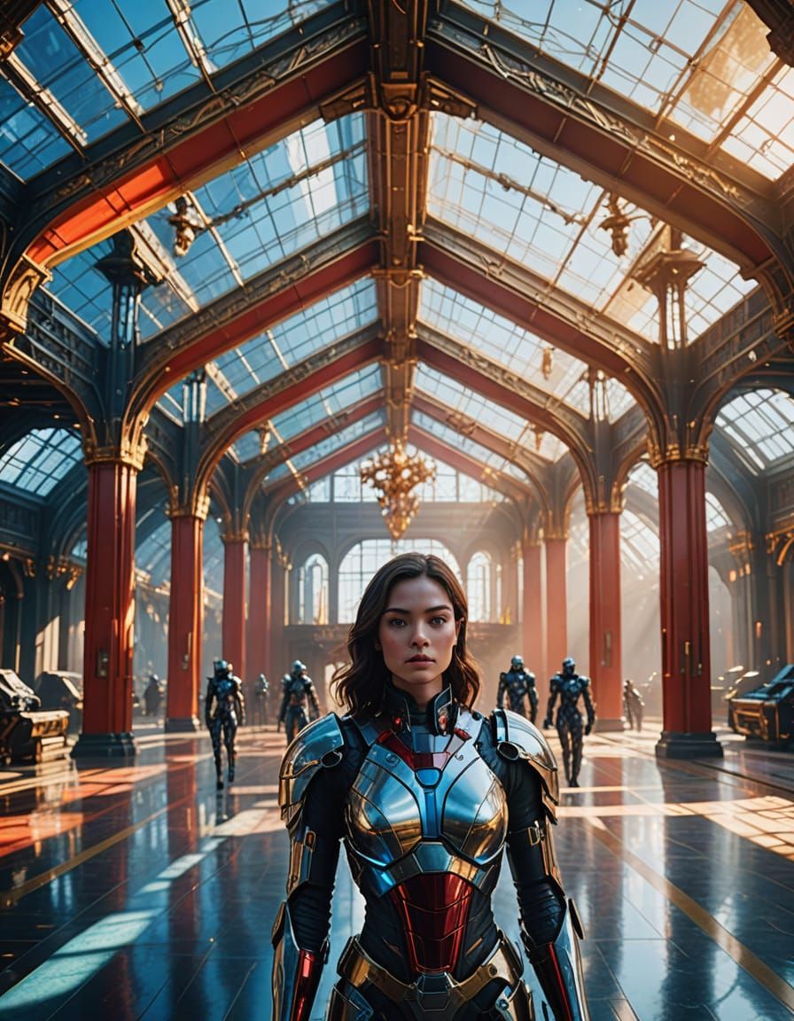 Cyborg Goddesses Guard the Throne Room in a Futuristic Sci-F...