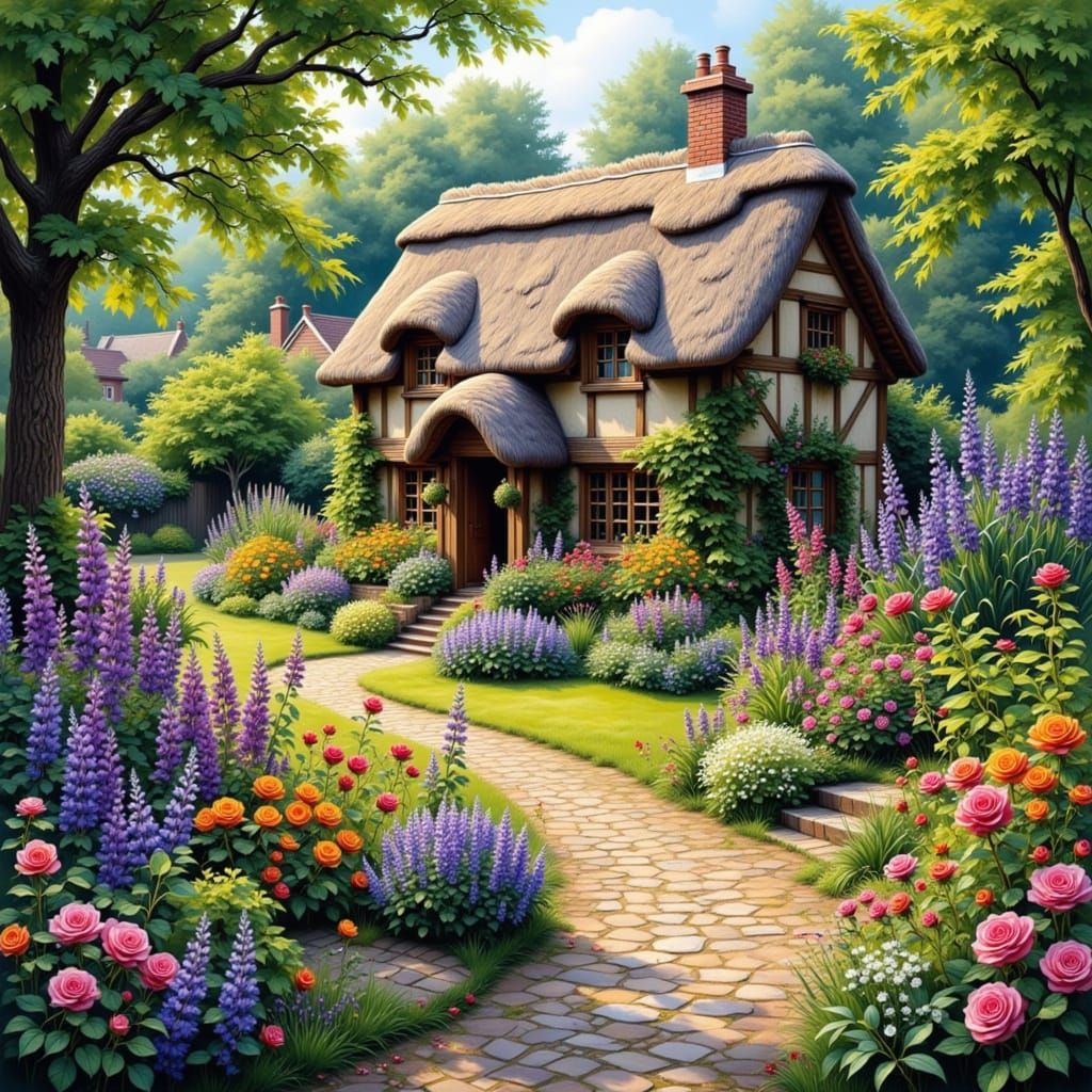Charming Cottage Amidst Vibrant Flower Gardens